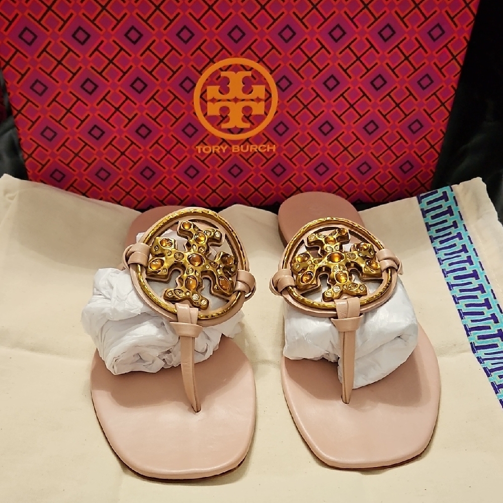 Tory Burch Gold Pink Sandals with Iconic Medallion